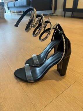 Black Block Heel Sandals with Rhinestone Ankle Wrap